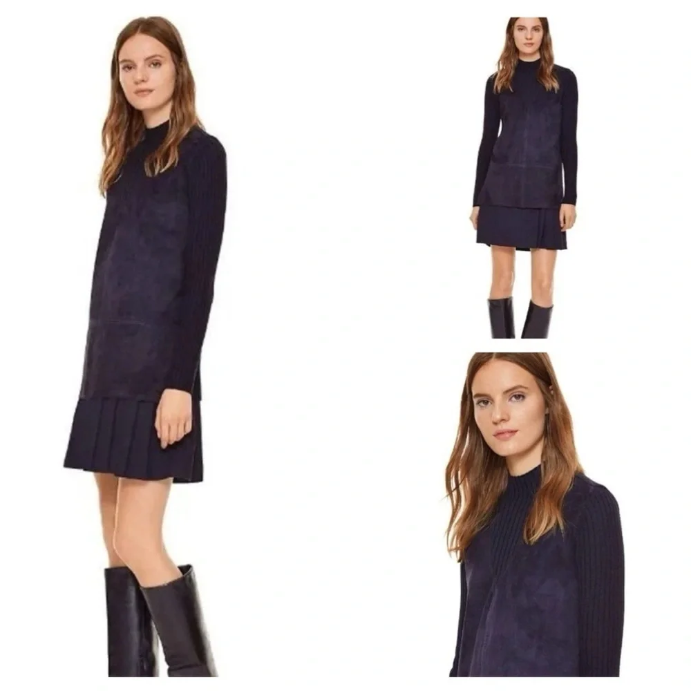Tory Burch Navy Molly Leather Wool Ribbed Mockneck Sweater Size XS